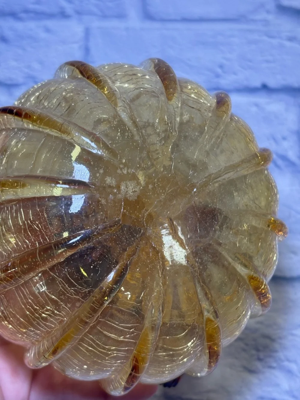 Glass Amber Pumpkin Hand Blown Crackle Finish Thanksgiving Curly Steam Pier One